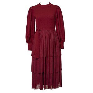Ivy City Co Womens Cosette Midi Dress XXS Wine Red Ribbed Knit Tulle Ruffles